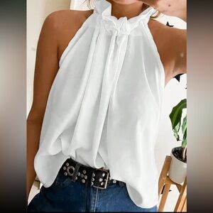 Boho Ruffle Halter High Neck Tank Top Blouse Shirt White